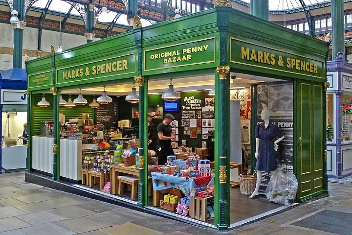 Green Marks and Spencer Penny Bazzar stall in Leeds Kirkgate market