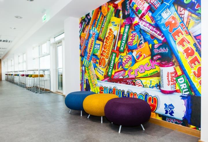 White wall with vibrant wall art of sweets.