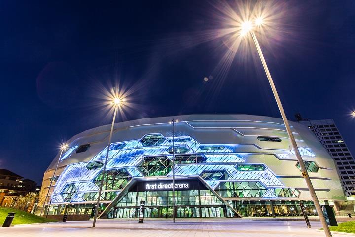 Arena lit up at night