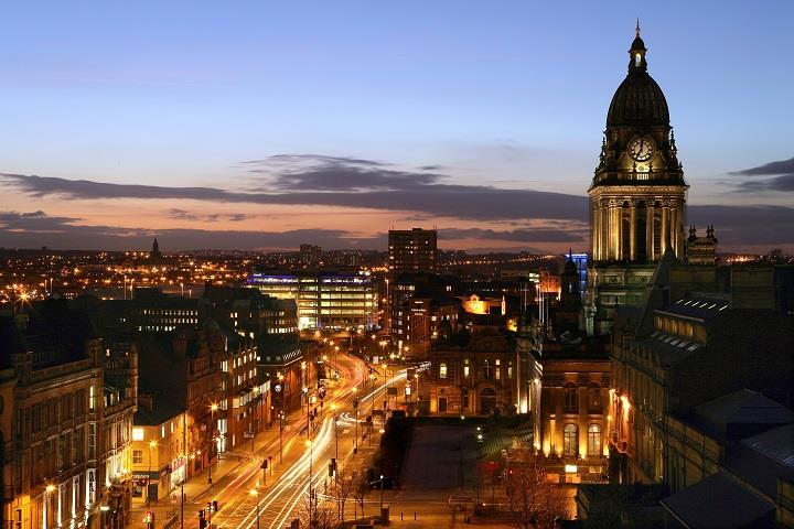 Elevated view of the headrow and Leeds Town Hall at night