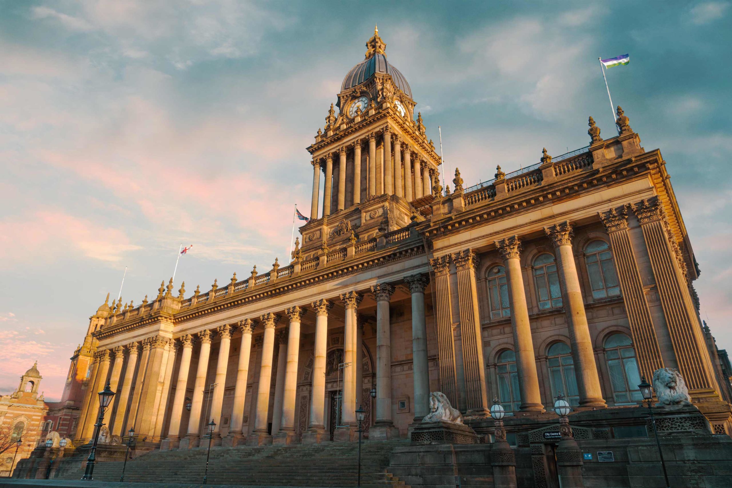 Leeds Town Hall front view as dusk